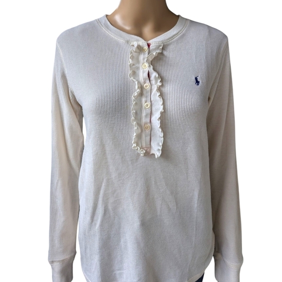 Ralph Lauren Knit Ruffle Henley Thermal Top - Preppy Equestrian Old Money - L - Picture 5 of 11